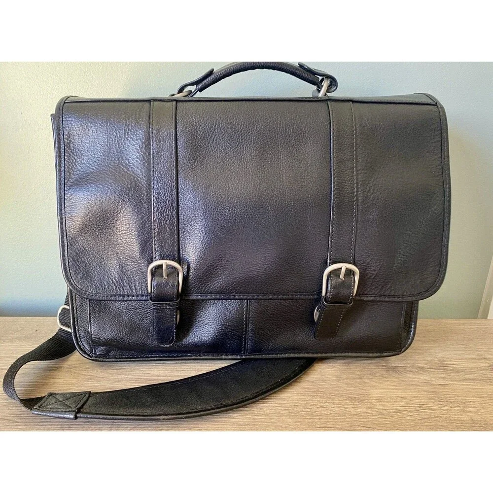 Wilson Black Leather Satchel Messenger Bag Laptop Computer Commute MINT